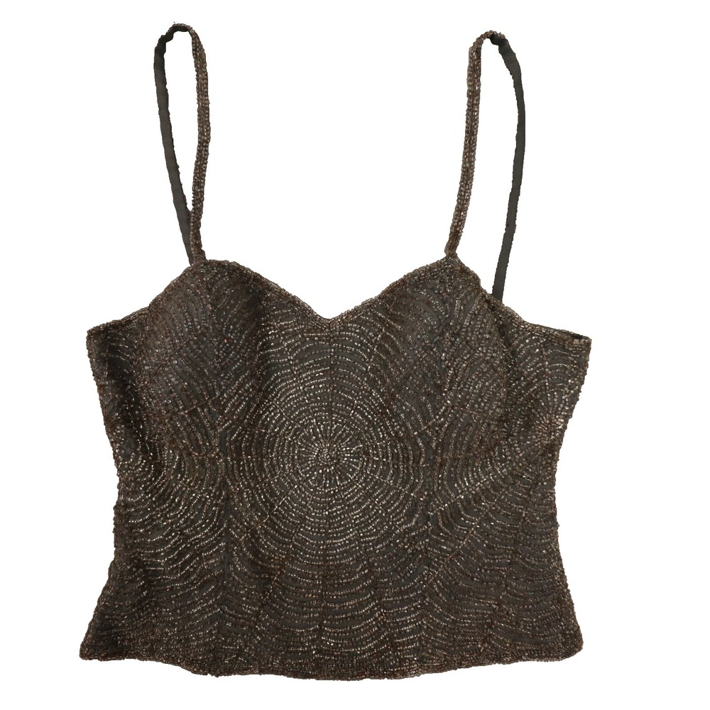 Bebe Women's Moda Dark Grey Brown Silk Beaded Y2K Bustier Crop Top size Large